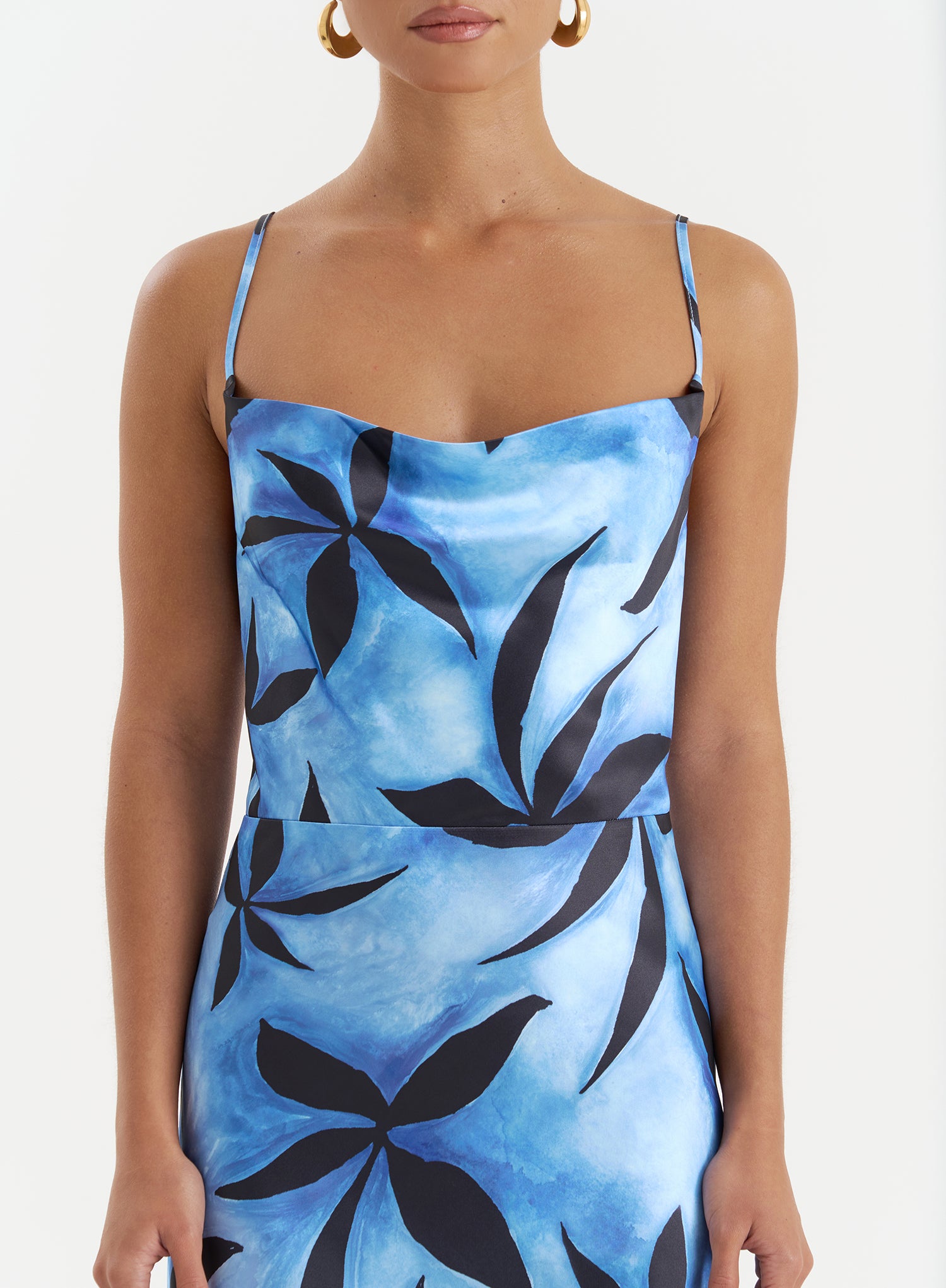 Blue Floral Print Satin Maxi Dress- Monique